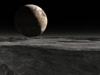 Vistapro rendering of a view from Pluto with Charon nearing first-quarter