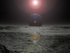 Vistapro rendering of a view from Pluto with Charon and a Sun with a lens flare in conjunction