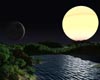 Vistapro rendered animation of an earthlike world with a moon and a banded yellow star